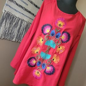 Judith March Embroidered Red Bell Sleeve Lined Top